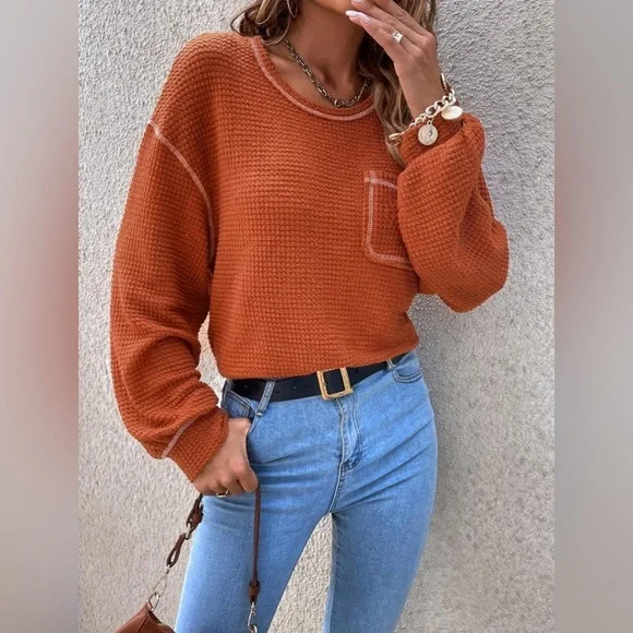 Women’s Long Sleeve Waffle Sweater Oversized Boho Knit Tunic Rust Orange Large - Picture 12 of 13